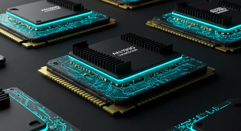 Chip de IA de última geração processando dados complexos com luzes azuis representando algoritmos.
