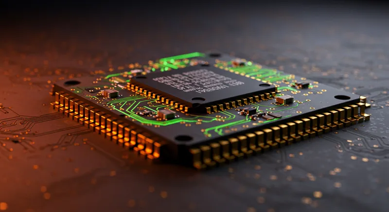 Chip optoeletrônico processando sinais de luz para inteligência artificial.