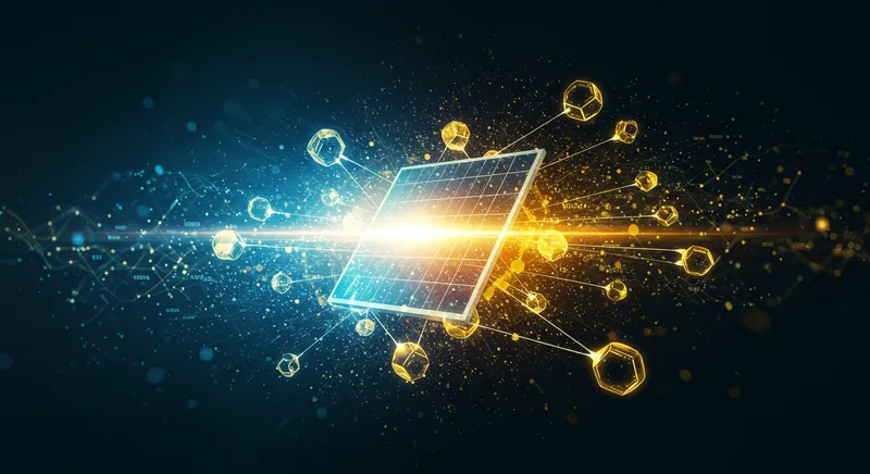 Painéis solares conectados a um sistema blockchain representado por ícones digitais