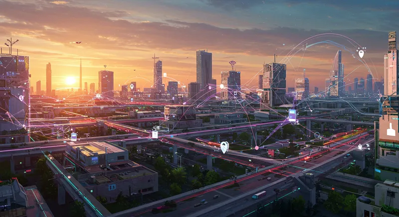 Ambiente corporativo moderno com infraestrutura de rede mesh otimizando a conectividade entre dispositivos e funcionários.