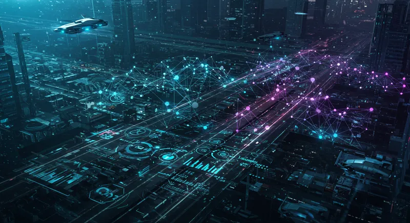 Ambiente empresarial moderno com infraestrutura de rede mesh e conectividade 5G.