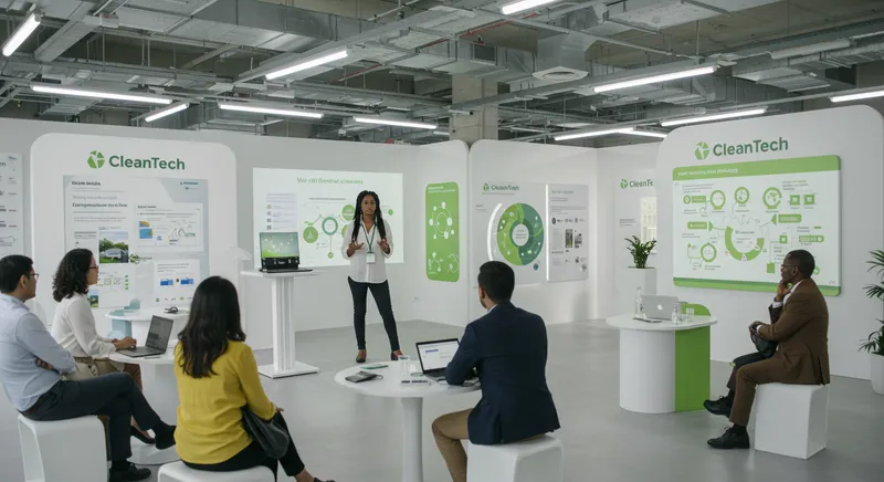 Investidores analisando gráficos de crescimento de startups de tecnologia limpa em escritório moderno com painéis solares visíveis pela janela.