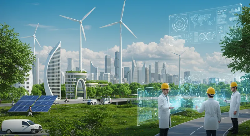 Painel solar de última geração ao lado de turbinas eólicas com sistema de armazenamento de energia integrado.