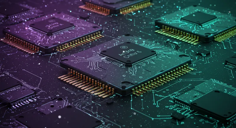 Microchip de TinyML em um dispositivo IoT de baixo consumo processando dados localmente.